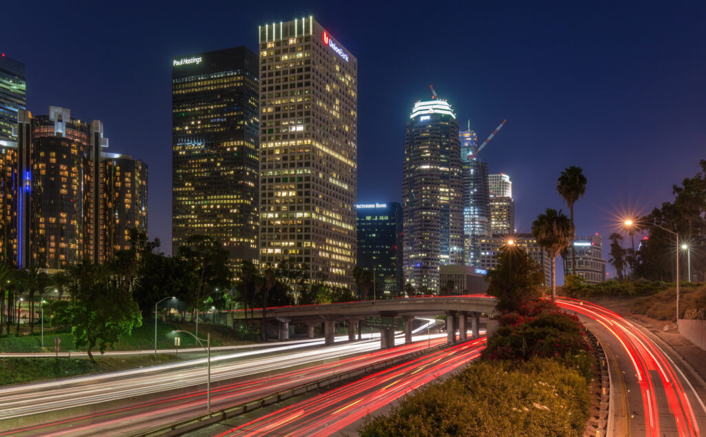 DTLA skyline Harbor Freeway Los Angeles
