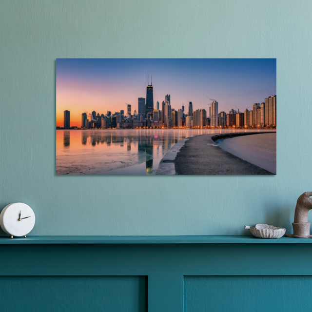 Chicago skyline poster on green wall